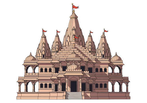 Stylized illustration of a large Hindu temple structure with multiple spires