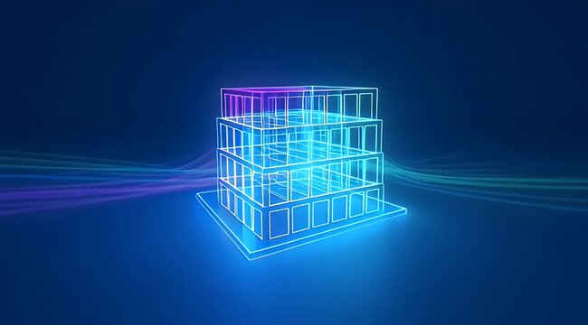 Abstract wireframe building with neon light accents against a dark blue background