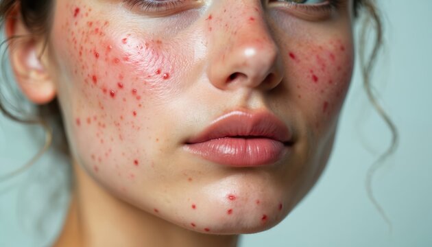 Close up of woman face with red acne spots and blemishes. Teenage skin condition causes inflammation and irritation. Clear skin goal for beauty and health routines.