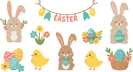 Obraz premium Cute Easter bunny chick flowers and decorated eggs vector set with spring holiday elements and festive greeting illustration