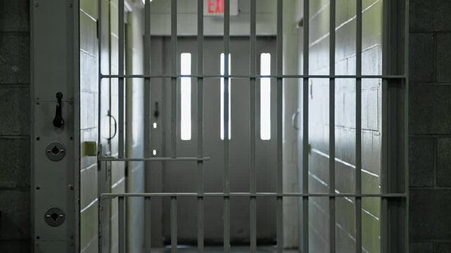 Metal bar door automatically closing and locking in a grim and dark prison hallway