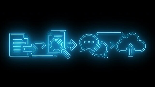 Neon-lit icons depicting a workflow from document to cloud storage with a glowing blue outline on a black background.