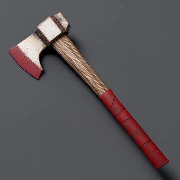 Professional firefighting axe with red blade edge and leather-wrapped wooden handle in a realistic 3D stylized render.