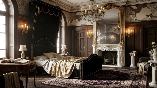 Luxurious bedroom with black four poster bed and gold accents