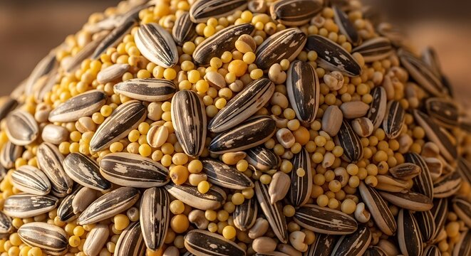 Vibrant mix of birdseed with sunflower seeds and millet