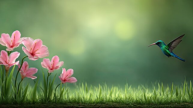 Small iridescent bird hovers near pink blossoms over a bed of green grass