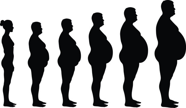 Black silhouettes set of a man showing stages of weight gain and obesity from slim to overweight isolated on white background for health concepts