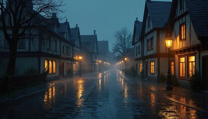 Rain falls on a wet cobbled street in a old town at night. Cozy light shines from windows and street lamps creating reflections on the puddles on the road.