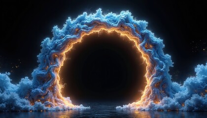Fototapeta premium Blue and gold archway with flowing organic shape and glowing sparks. Dark background with reflective water surface. Abstract portal or tunnel.
