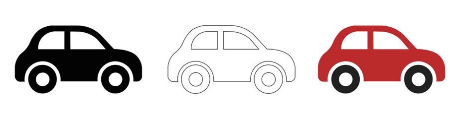 Vector car icons set black filled white outline red small automobile vehicle transport city drive simple line illustration collection