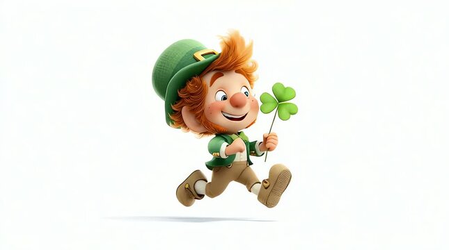 Leprechaun holding a shamrock, running happily for st patrick's Day celebration