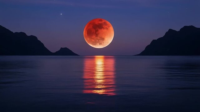 Majestic Blood Moon Total Lunar Eclipse Reflected on Calm Water Night Sky Landscape.