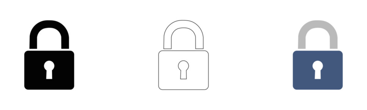 Vector padlock lock icons set black filled white outline blue security safety privacy protection unlock keyhole simple illustration collection