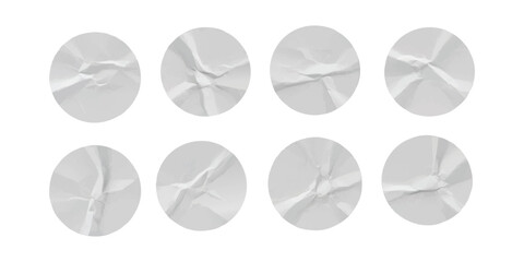 Set of blank white crumpled round paper stickers wrinkled circle labels mockup vector illustration
