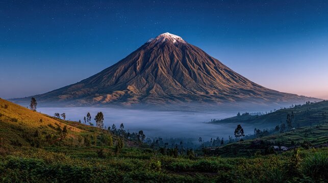 Majestic stratovolcano rises above low-lying clouds under a clear twilight sky
