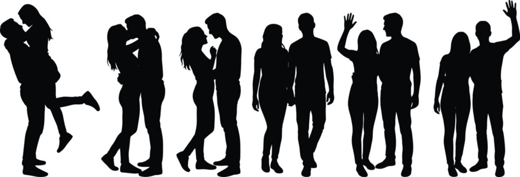 Romantic couple silhouettes set featuring man and woman kissing hugging walking holding hands and waving isolated on white background for wedding and love designs