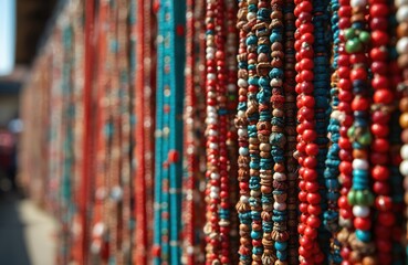Colorful handmade beaded necklaces hang in rows at an outdoor market. Intricate beadwork features red blue and natural tones. Offers traditional craftsmanship and ethnic fashion style.