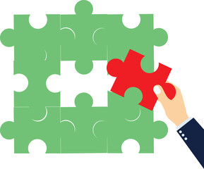 businessman encounters a problem that is bigger than expected. man solving jigsaw puzzle vector

