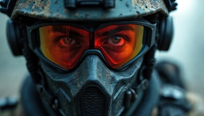 Obraz premium Soldier wears protective mask helmet and goggles. Close up portrait of combatant with tactical gear. Intense eyes visible through red lenses. Ready for mission.