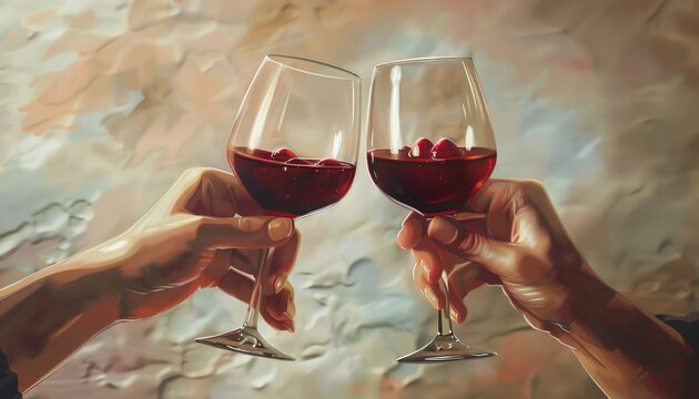 Cheers to fine moments with two glasses of red wine raised in celebration against a textured backdrop