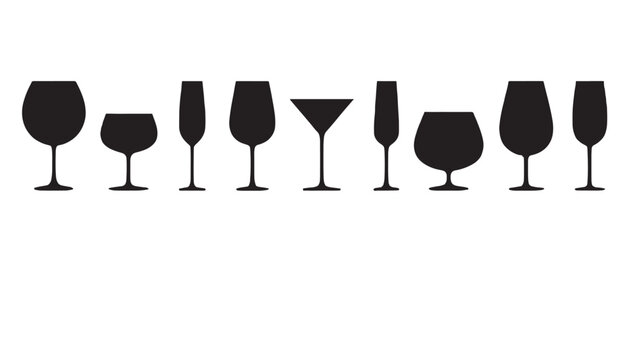 Glasses collection featuring diverse shapes like wine, champagne, martini, and brandy glasses in a solid black silhouette design.