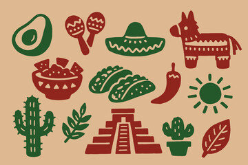 Plakat Mexican symbols set minimal folk vector illustration