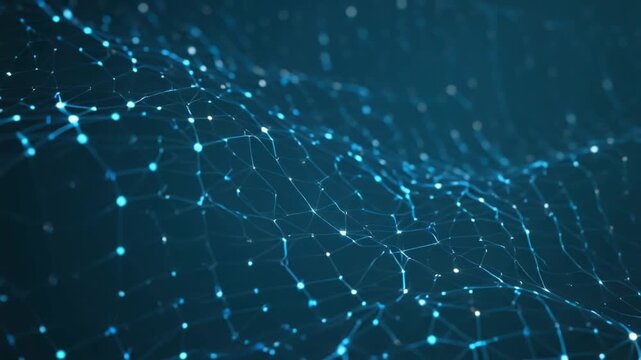 Animation of statistical data processing over a glowing grid network on a deep blue background, dynamic nodes and connecting lines pulsing with data flow, charts, graphs, and numeric indicators appear