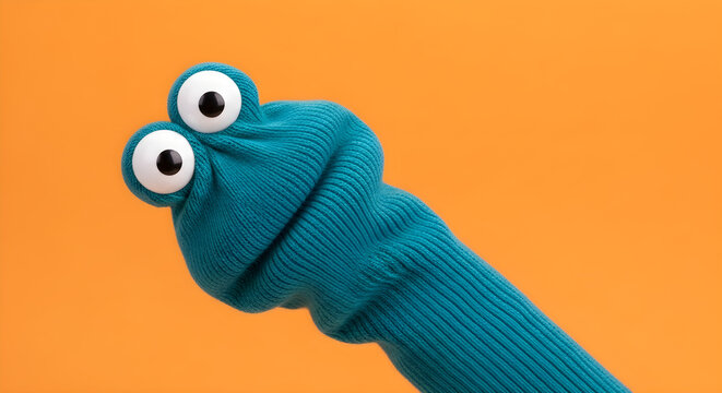 Teal sock puppet with googly eyes on orange background