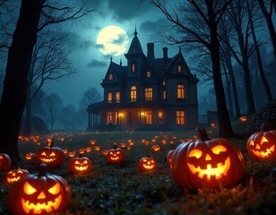 Fototapeta premium Spooky mansion at night with carved pumpkins lit on lawn. Full moon illuminates bare trees, eerie fog blankets grounds. Dark haunted house, spooky season vibes.