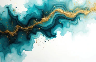 Handdoek met foto Kristal Abstract art with flowing teal and deep blue colors mixed with gold flakes and particles on a white background. Fluid texture creates wave-like patterns and splatters across the canvas.  © miss irine