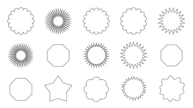 Shapes starburst octagon and flower outline collection with black lines on white background for design elements