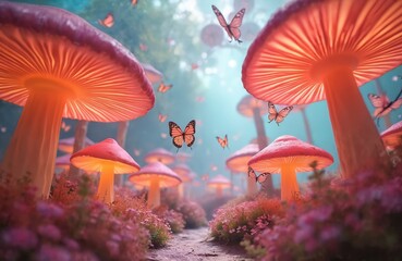 Naklejka premium Giant glowing mushrooms line forest path with butterflies fluttering around. Pink, orange fungi create magical, dreamlike atmosphere. This enchanted scene evokes fantasy nature adventure for viewers.