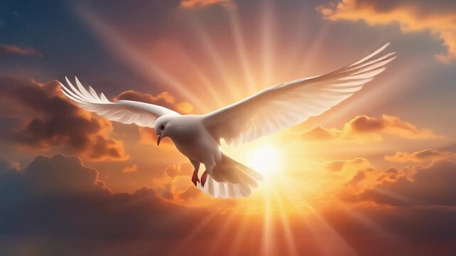 Majestic White Dove Flying Through Golden Sunburst Sky - Symbol of Peace Hope and Spirit.