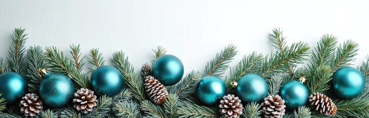 Obraz premium Teal baubles and pine cones adorn evergreen branches on a clean white background. Festive seasonal border decorates surface for winter holidays celebration or winter theme design.