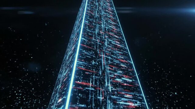 Futuristic Digital Tower with Glowing Blue and Red Data Lines Reflecting on Dark Surface