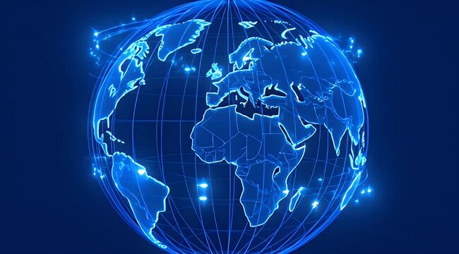 A bright blue wireframe globe with glowing continents spins against a dark blue background