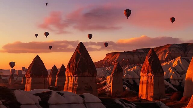 Cappadocia Hot Air Balloons Soaring at Sunrise over Fairy Chimneys Turkey.