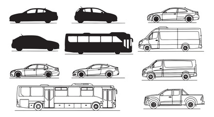 Vehicle Silhouettes and Side Elevation Line Drawings of Cars, Vans, Buses and Commercial Vehicles © Sapumal