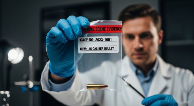 Forensic expert holding a plastic evidence bag containing a bullet. Crime scene investigator analyzing ballistic ammunition. Science, police investigation and legal justice procedure concept.