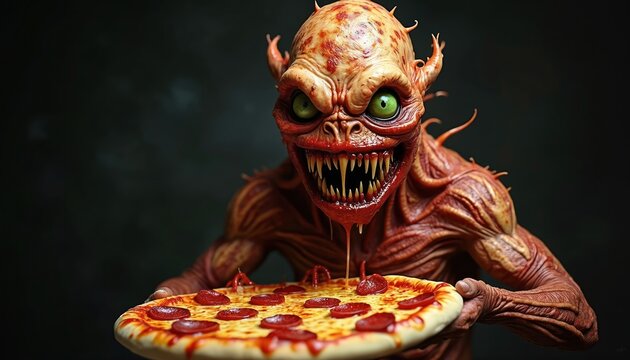 Scary monster with sharp teeth holds pepperoni pizza. Demonic creature offers italian food, looks hungry. Horror food illustration for Halloween or scary movie promo.