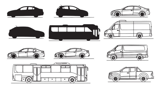 Vehicle Silhouettes and Side Elevation Line Drawings of Cars, Vans, Buses and Commercial Vehicles