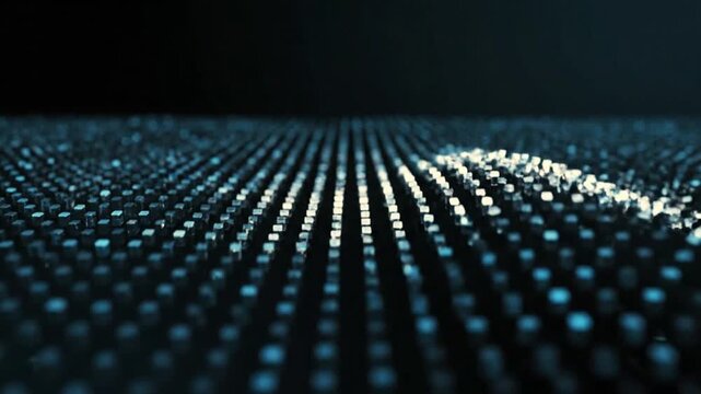 Abstract digital data grid with waving light reflections on small cubes, representing technology and information flow.