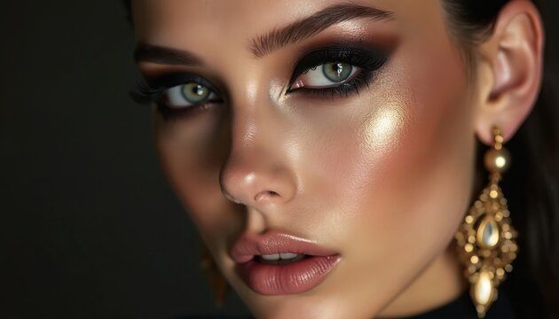 Woman with smoky eyes, slick hair, and gold earrings. She has glowing skin and full lips. Makeup artist showcases dramatic beauty. Evening look for formal event.