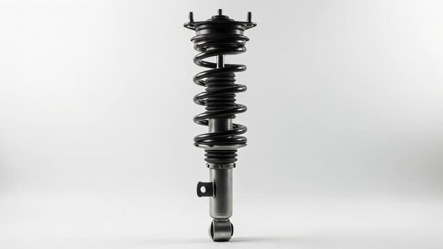 A black and silver coil spring shock absorber on a white background