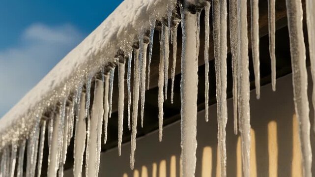 A roof's edge lined with numerous long, clear icicles against a blue sky
