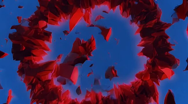 Abstract explosion of red petals against a vibrant blue sky