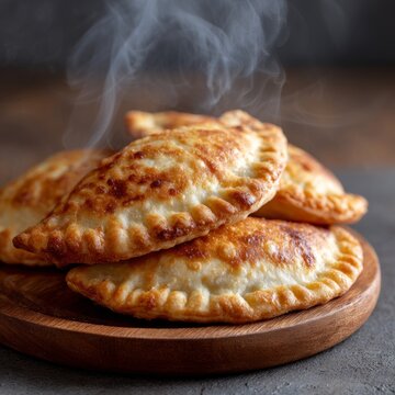 Golden baked empanadas steaming on wooden platter