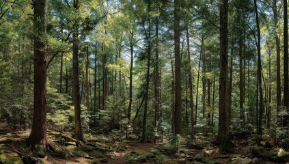 Sunlight filters through a dense forest with tall trees and rocky terrain.