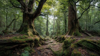 Obraz premium Ancient Yakushima Forest with Towering Trees and Moss-Covered Roots.