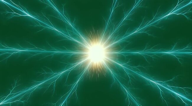 Electric energy streams outward from a bright, central point on a dark green background